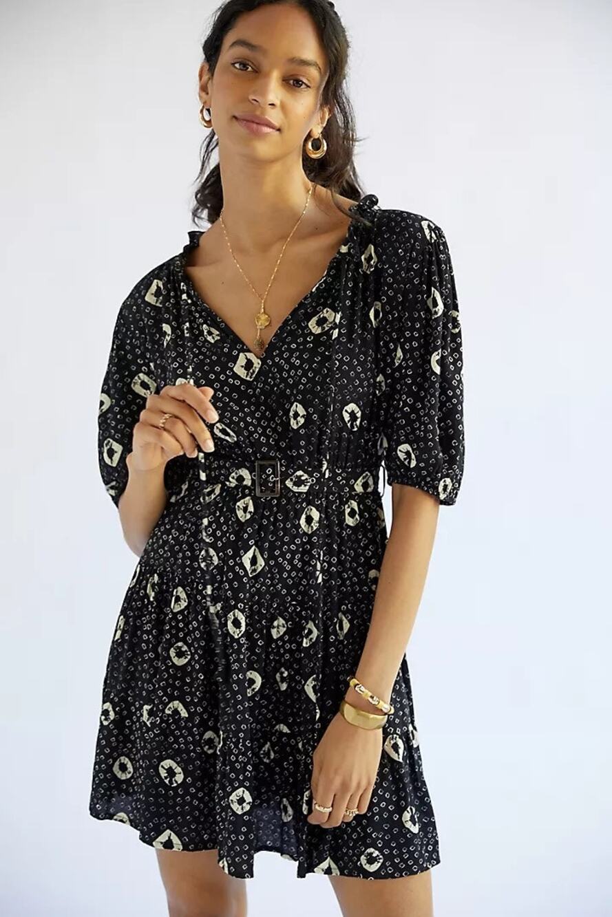 Anthropologie Lusana Black Cream Cinched Mini Dress, size XSmall ~ NEW